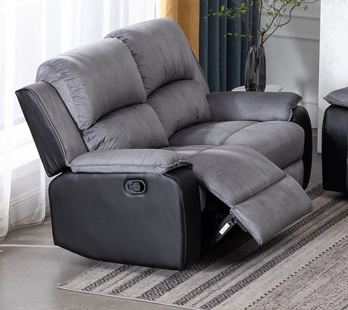 Earlsdon Grey Fabric Black Pu Two Seater Recliner - Click Image to Close